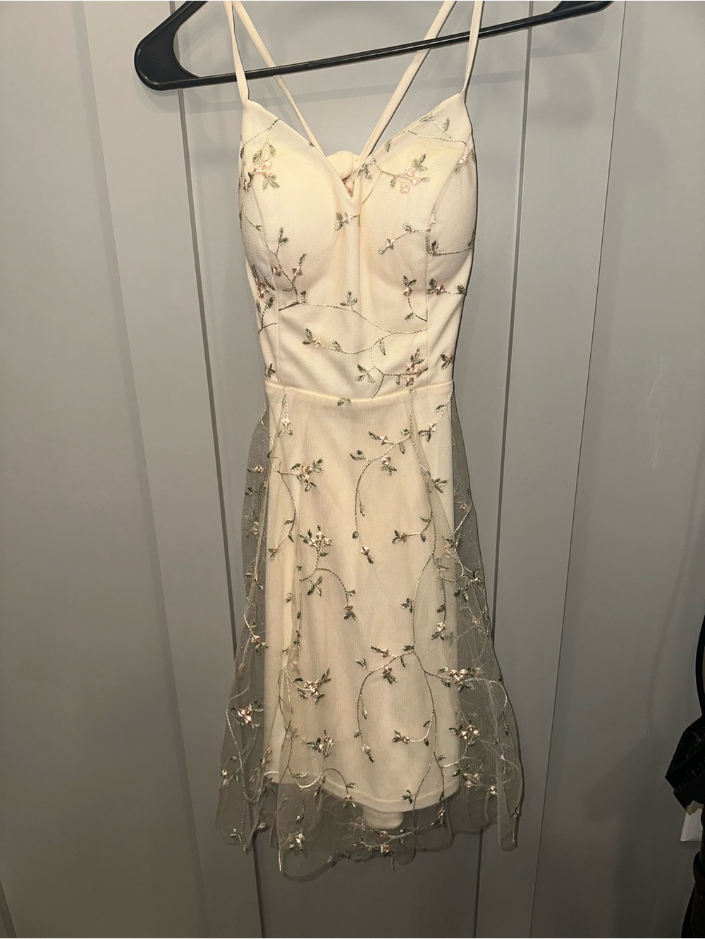 SHEIN Ivory Embroidered Spaghetti-Strap Mini Dress